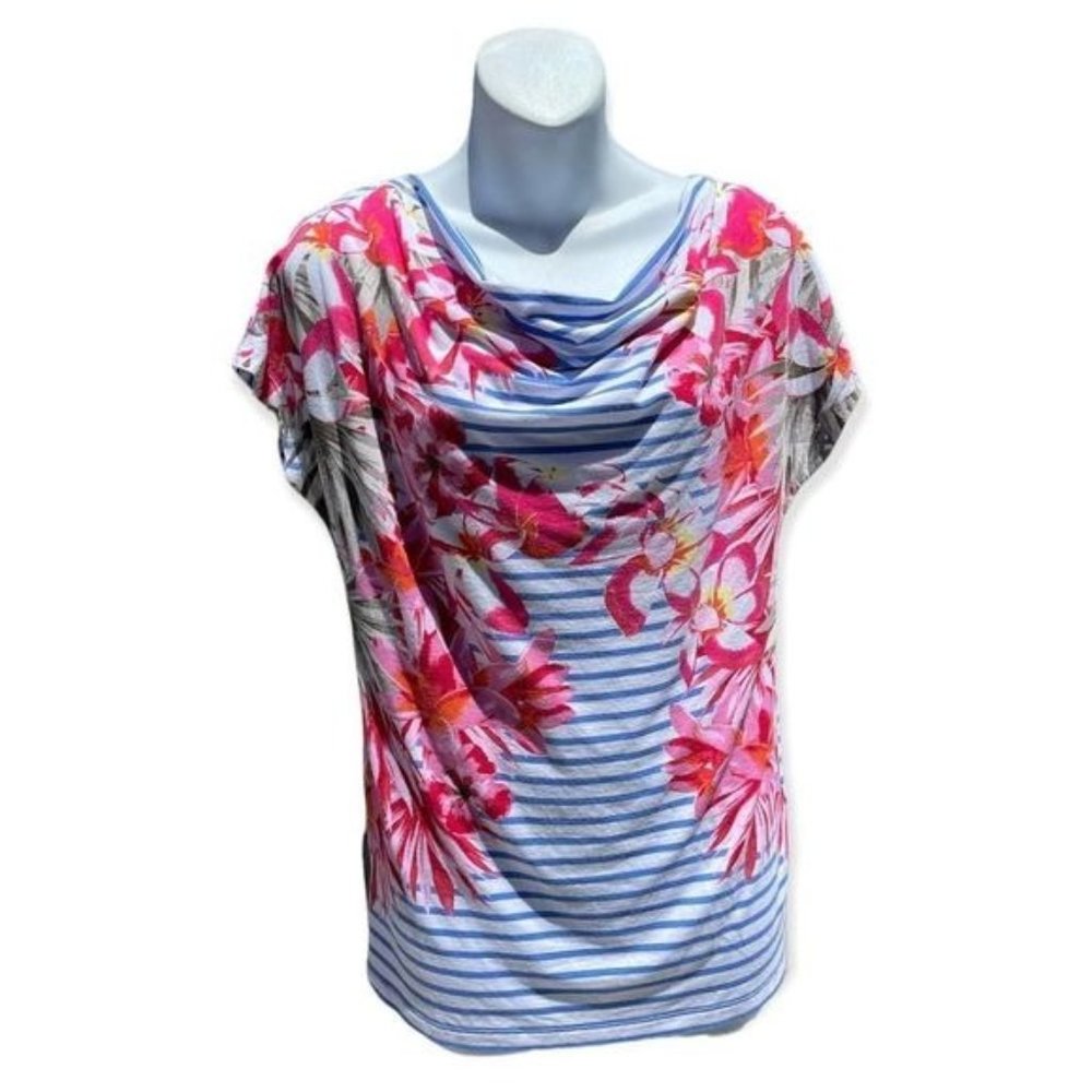 Olsen Europe White Blue Stripped Pink Red Floral Cap Sleeve Blouse Size M